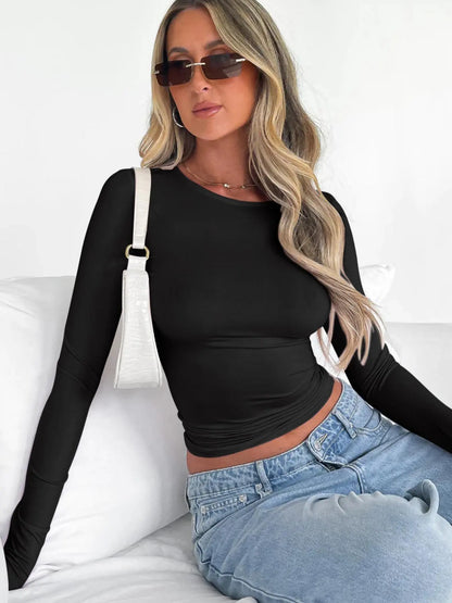 Women'S Longsleeves Slim Cropped Tee for Spring, Basic Crewneck Top for Lady, Casual Solid Tshirt for Spring & Fall, Back-To-School Clothing, Comfort Womenswear, Mean Girls Outfit, Summer Outfits, Lady Top for Music Festival