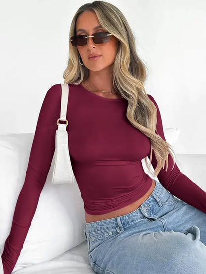 Women'S Longsleeves Slim Cropped Tee for Spring, Basic Crewneck Top for Lady, Casual Solid Tshirt for Spring & Fall, Back-To-School Clothing, Comfort Womenswear, Mean Girls Outfit, Summer Outfits, Lady Top for Music Festival