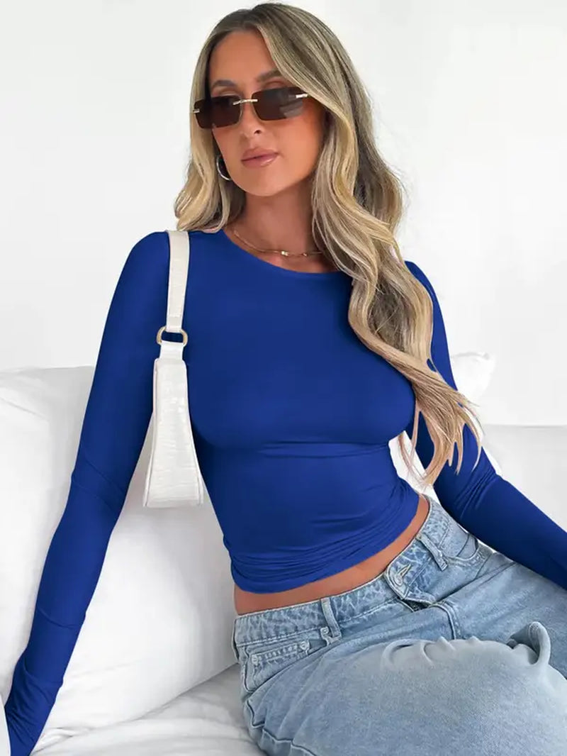 Women'S Longsleeves Slim Cropped Tee for Spring, Basic Crewneck Top for Lady, Casual Solid Tshirt for Spring & Fall, Back-To-School Clothing, Comfort Womenswear, Mean Girls Outfit, Summer Outfits, Lady Top for Music Festival